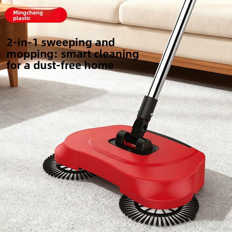 3-in-1 Hand Push Floor Sweeper - Manual Spinning Broom, Dustpan & Mop Combo - Silent Non-Electric Cleaning for Hardwood & Tiles - Vitality Red.
