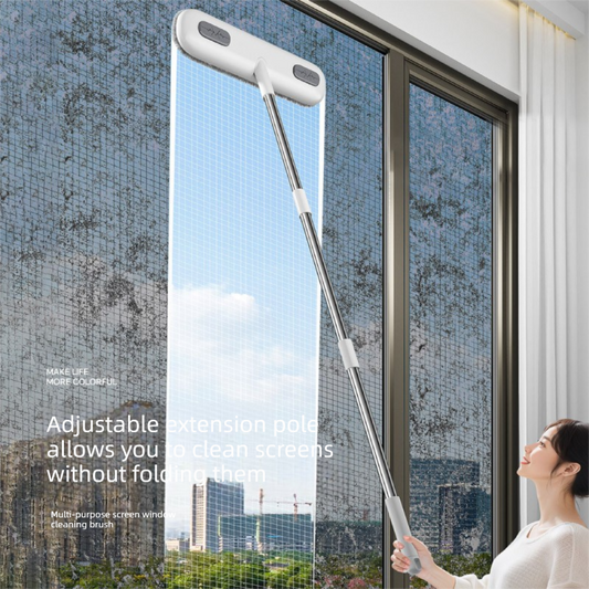 2-in-1 Window Fly Screen Cleaner Brush with Extendable 82cm Stainless Steel Handle Multifunctional Mesh Cleaning Tool for Wet and Dry Use on Glass and Carpets.