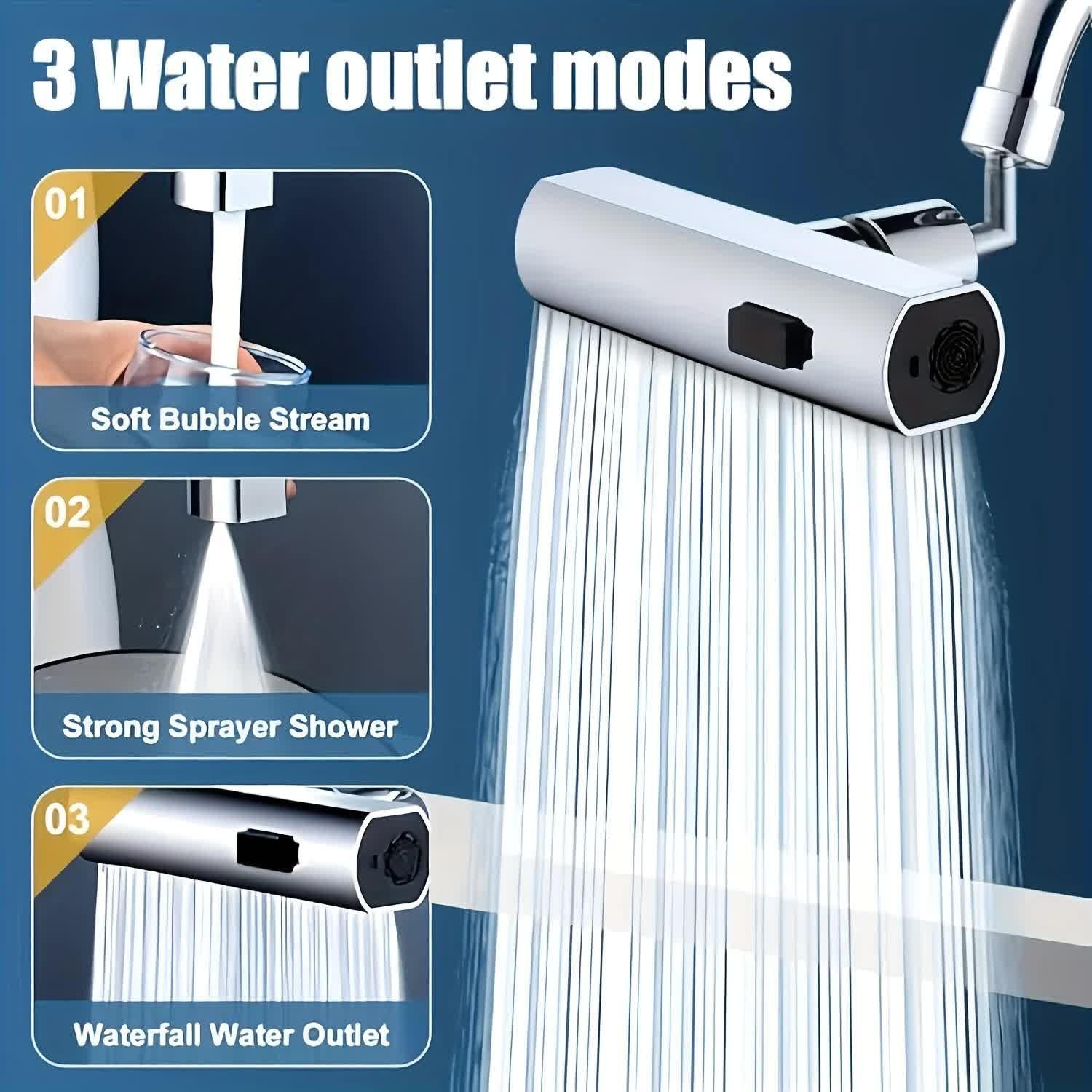 Waterfall Kitchen Tap Extender 360 Swivel Faucet Aerator Attachment 3 Spray Modes High Pressure Splash Proof Sink Nozzle with Universal Adapters Chrome Finish.