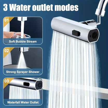 Waterfall Kitchen Tap Extender 360 Swivel Faucet Aerator Attachment 3 Spray Modes High Pressure Splash Proof Sink Nozzle with Universal Adapters Chrome Finish.