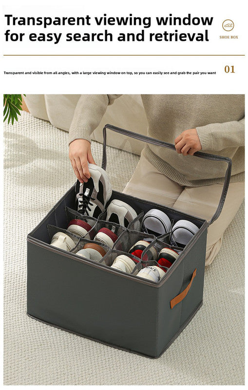 Extra Large Foldable Shoe Storage Box 16 Compartments with Side Pockets Clear Lid Wardrobe Organiser for Sneakers Socks 43cm Square Cube Coffee