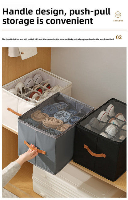 Extra Large Foldable Shoe Storage Box 16 Compartments with Side Pockets Clear Lid Wardrobe Organiser for Sneakers Socks 43cm Square Cube Coffee