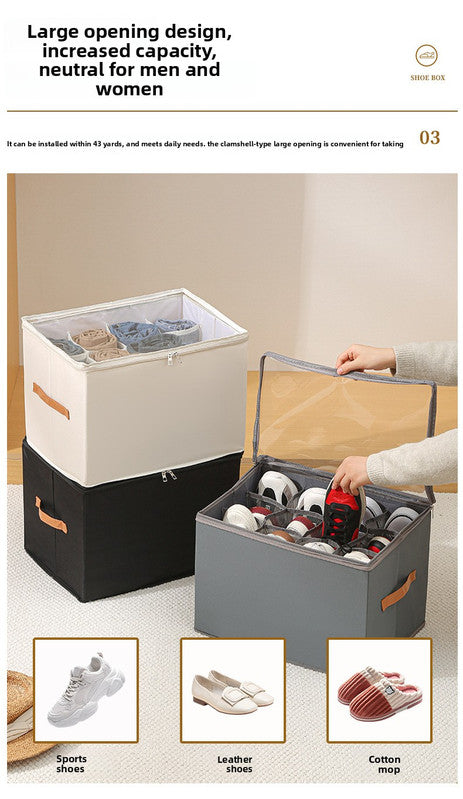 Extra Large Foldable Shoe Storage Box 16 Compartments with Side Pockets Clear Lid Wardrobe Organiser for Sneakers Socks 43cm Square Cube Coffee