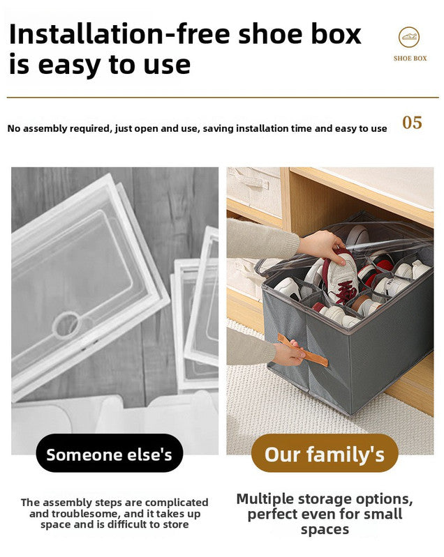 Extra Large Foldable Shoe Storage Box 16 Compartments with Side Pockets Clear Lid Wardrobe Organiser for Sneakers Socks 43cm Square Cube Coffee