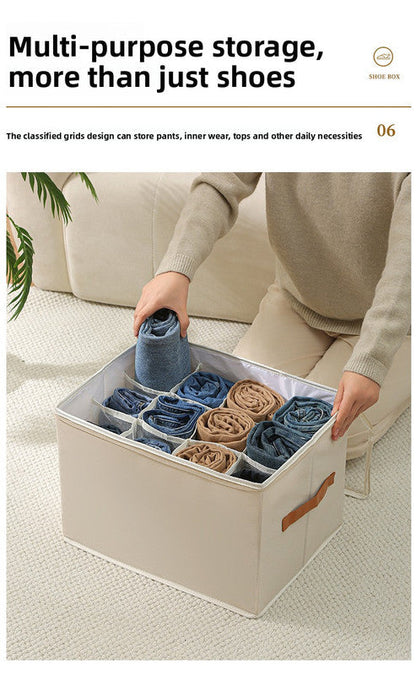 Extra Large Foldable Shoe Storage Box 16 Compartments with Side Pockets Clear Lid Wardrobe Organiser for Sneakers Socks 43cm Square Cube Coffee