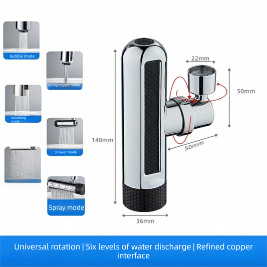Universal Kitchen Tap Extender 6 Spray Modes with Waterfall Effect 360 Degree Swivel Faucet Aerator Head Anti-Splash Nozzle Attachment Brass Interface for Sink Washing Up.