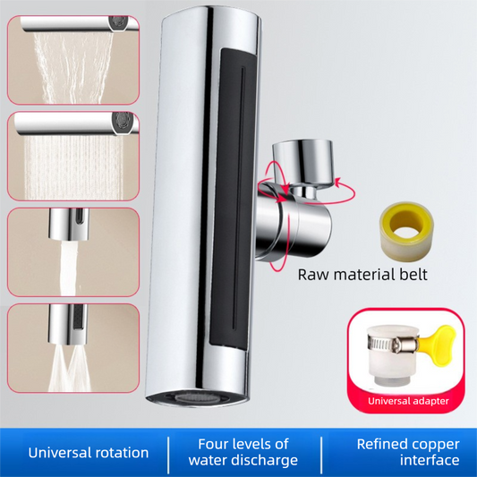 Universal 4-Mode Kitchen Tap Extender Waterfall Flying Rain Effect 360 Swivel Faucet Aerator Nozzle with Alloy Cap and Adapters Anti-Splash Sink Attachment.