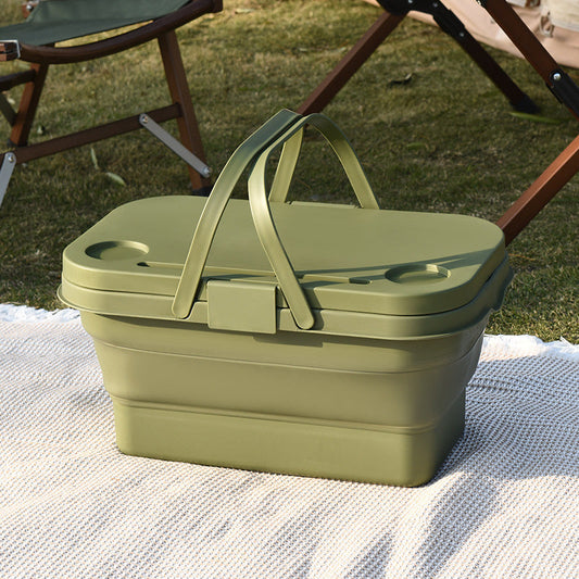 Collapsible Picnic Basket with Mini Table Lid Portable Folding Storage Crate with Cup Holders and Phone Stand Multi-Functional Outdoor Camping Sink Basin Green.