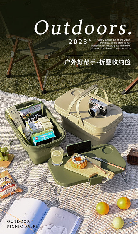 Collapsible Picnic Basket with Mini Table Lid Portable Folding Storage Crate with Cup Holders and Phone Stand Multi-Functional Outdoor Camping Sink Basin Green.