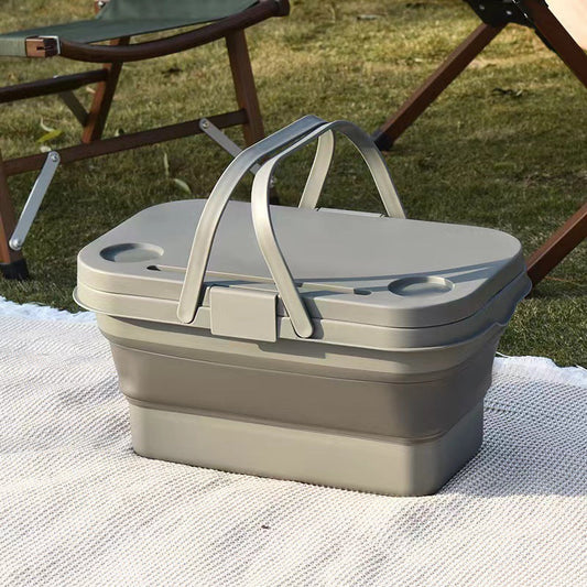 Collapsible Picnic Basket with Mini Table Lid Portable Folding Storage Crate with Cup Holders and Phone Stand Multi-Functional Outdoor Camping Sink Basin Grey.