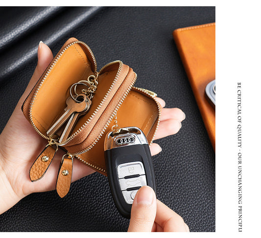 Genuine Leather Car Key Case Double Zipper Smart Key Fob Holder Wallet Remote Organiser Pouch with Hook Dark Green