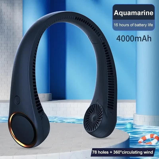 Portable Neck Fan 4000mAh Rechargeable Bladeless Personal Fan 3 Speeds Quiet Hands Free Cooling Device with 360 Airflow USB Type-C for Travel Outdoor Blue.