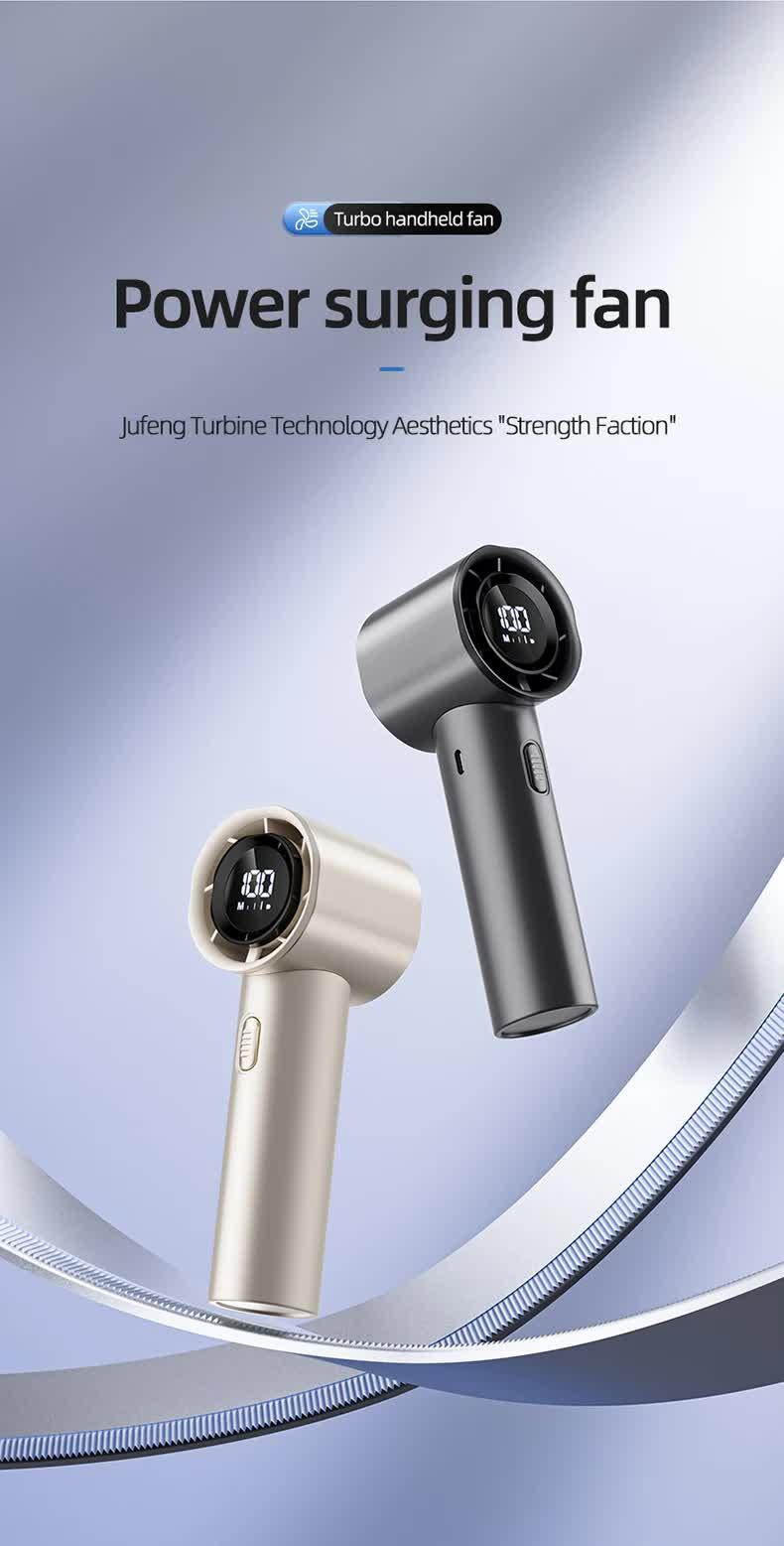 High Speed Handheld Turbo Fan Champagne Gold 3 Adjustable Speeds LED Display Portable Personal Cooling Fan Rechargeable for Travel Office Outdoor.