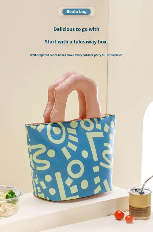 Insulated Lunch Bag Tote Fashion Graffiti Print with Soft Padded Handle Waterproof Thermal Cooler Bento Case for Work School and Picnics Blue with Pink Handle.