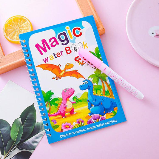 2 PCS Magic Water Colouring Book Reusable Mess Free Painting Set Dinosaur and Flamingo Themes with Refillable Water Pens for Kids Travel Activity and Educational Art.