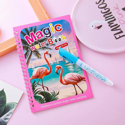 2 PCS Magic Water Colouring Book Reusable Mess Free Painting Set Dinosaur and Flamingo Themes with Refillable Water Pens for Kids Travel Activity and Educational Art.