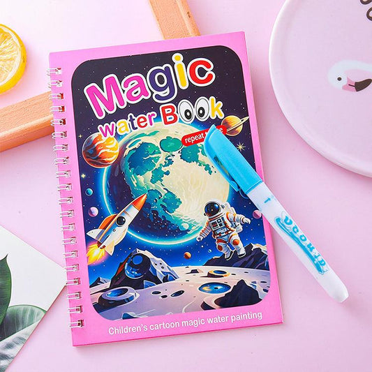 2 PCS Magic Water Colouring Book Reusable Mess Free Painting Set Space Astronaut and Cartoon Puppy Themes with Refillable Water Pens for Kids Travel Activity.