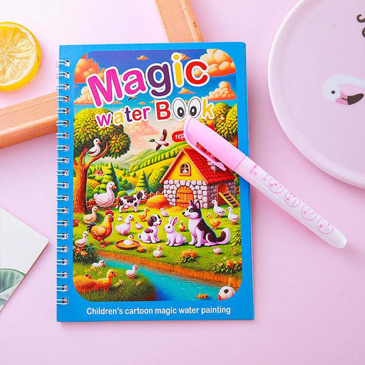 2 PCS Magic Water Colouring Book Reusable Mess Free Painting Set Animal Farm and Fairy Princess Themes with Refillable Water Pens for Kids Travel Activity.
