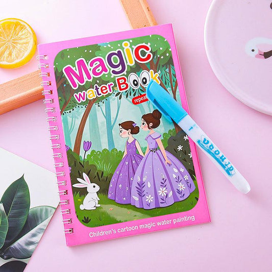 2 PCS Magic Water Colouring Book Reusable Mess Free Painting Set Animal Farm and Fairy Princess Themes with Refillable Water Pens for Kids Travel Activity.