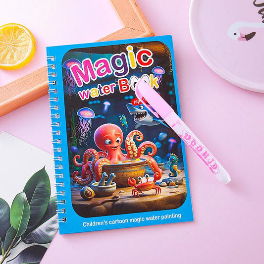 2 PCS Magic Water Colouring Book Reusable Mess Free Painting Set Underwater Ocean and Train Themes with Refillable Water Pens for Kids Travel Activity.
