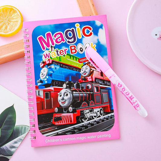 2 PCS Magic Water Colouring Book Reusable Mess Free Painting Set Underwater Ocean and Train Themes with Refillable Water Pens for Kids Travel Activity.