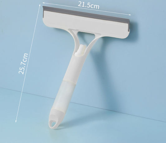 White 3-in-1 Window Squeegee with Built-in Spray Bottle - Dual Sided Sponge Glass Cleaner - Streak Free Tool for Shower Screens, Mirrors & Car Windows.