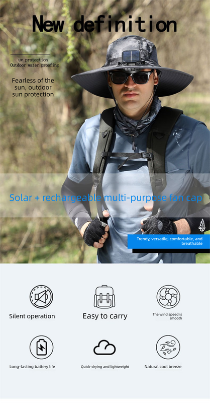 Khaki Dual Solar Fan Hat with Rechargeable Battery - Wide Brim UPF 50+ Sun Protection Bucket Hat for Fishing & Outdoor Work