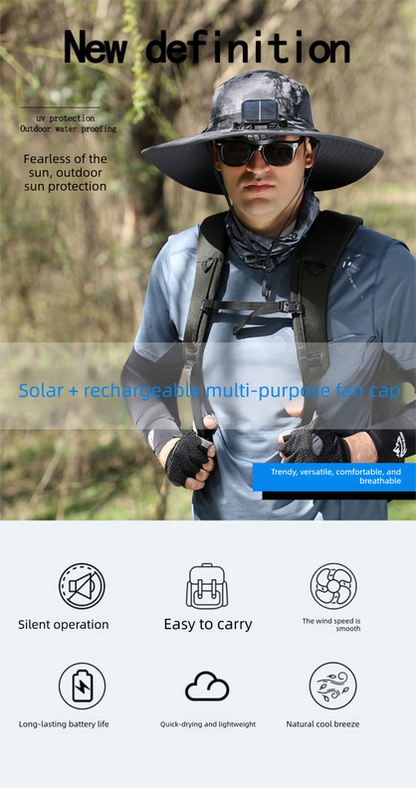 Khaki Dual Solar Fan Hat with Rechargeable Battery - Wide Brim UPF 50+ Sun Protection Bucket Hat for Fishing & Outdoor Work