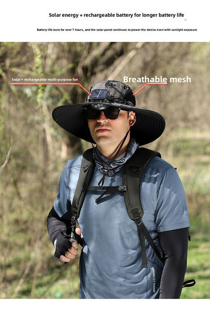 Khaki Dual Solar Fan Hat with Rechargeable Battery - Wide Brim UPF 50+ Sun Protection Bucket Hat for Fishing & Outdoor Work