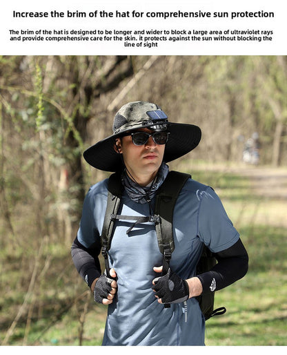 Khaki Dual Solar Fan Hat with Rechargeable Battery - Wide Brim UPF 50+ Sun Protection Bucket Hat for Fishing & Outdoor Work
