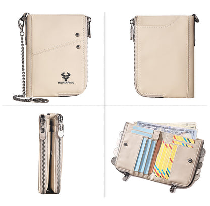 Genuine Leather Double Zipper Wallet - Brown RFID Blocking Bifold Card Holder - Vintage Cowhide Purse with Coin Pockets (13cm)