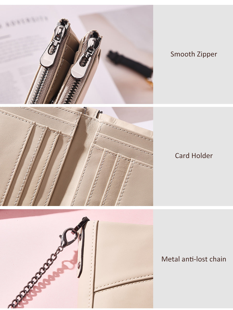 Genuine Leather Double Zipper Wallet - Brown RFID Blocking Bifold Card Holder - Vintage Cowhide Purse with Coin Pockets (13cm)
