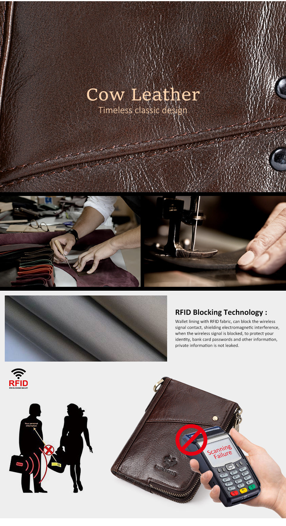 Genuine Leather Double Zipper Wallet - Brown RFID Blocking Bifold Card Holder - Vintage Cowhide Purse with Coin Pockets (13cm)