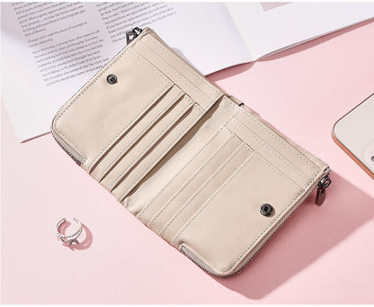 Genuine Leather Double Zipper Wallet - Beige RFID Blocking Bifold Card Holder - Vintage Cowhide Purse with Coin Pockets (13cm)