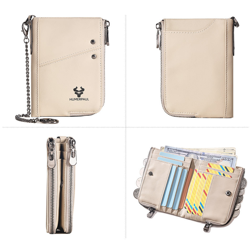 Genuine Leather Double Zipper Wallet - Beige RFID Blocking Bifold Card Holder - Vintage Cowhide Purse with Coin Pockets (13cm)