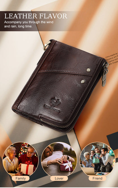 Carbon Fiber Texture Leather Mens Wallet - RFID Blocking Double Zipper Bifold - Vertical Card Holder with Coin Pockets (Black)