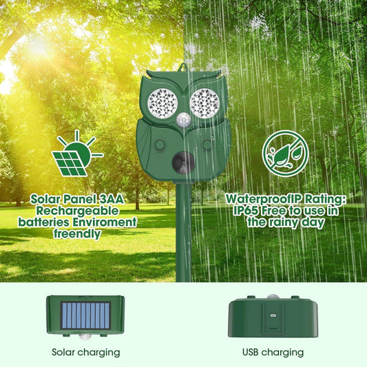 Solar Ultrasonic Animal Repeller - Owl Design with 14 LED Flashing Lights - Outdoor Motion Sensor Deterrent for Birds, Cats, Dogs & Rodents - 5 Adjustable Modes with USB Charging.