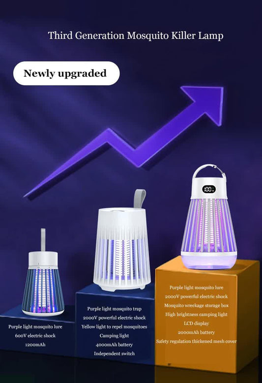 2-in-1 Rechargeable Mosquito Zapper & Camping Lantern - 2000V Electric Insect Killer with Smart Digital Display - 2000mAh Battery Portable Bug Trap for Outdoor Tent Patio & Home - IPX5 Waterproof - White.
