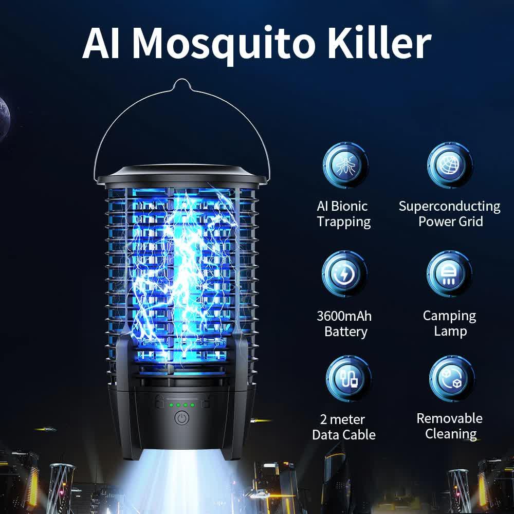 2-in-1 Rechargeable Mosquito Zapper & Camping Lantern - 3600mAh Battery - 2000V Electric Insect Killer with Bionic Trap Technology - Waterproof Outdoor Bug Trap - Black.