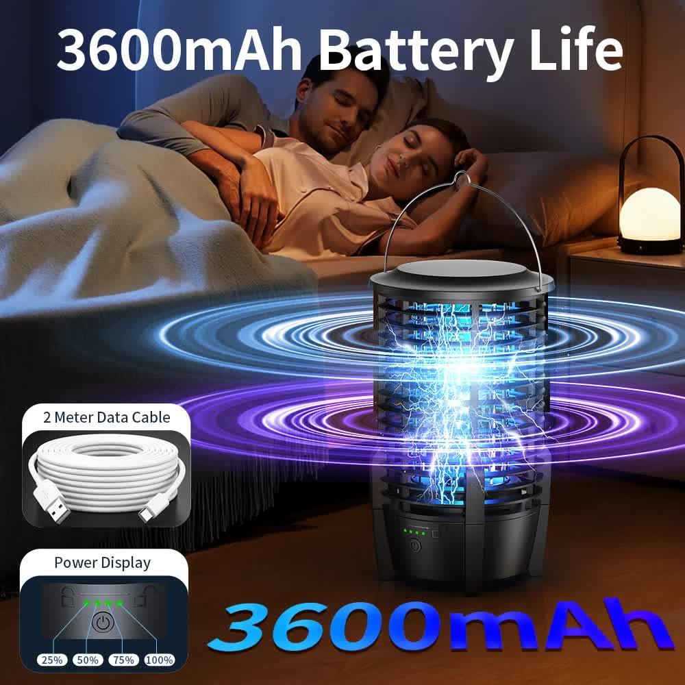 2-in-1 Rechargeable Mosquito Zapper & Camping Lantern - 3600mAh Battery - 2000V Electric Insect Killer with Bionic Trap Technology - Waterproof Outdoor Bug Trap - Black.