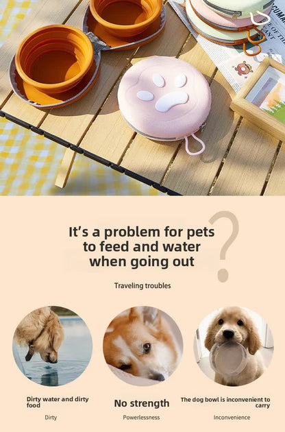 Portable Silicone Double Pet Bowl - Collapsible Travel Dog Feeder for Food & Water - 2 x 450ml Capacity with Zipper Case - Pink