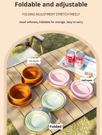 Portable Silicone Double Pet Bowl - Collapsible Travel Dog Feeder for Food & Water - 2 x 450ml Capacity with Zipper Case - Pink