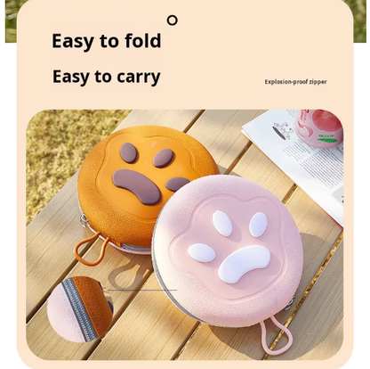 Portable Silicone Double Pet Bowl - Collapsible Travel Dog Feeder for Food & Water - 2 x 450ml Capacity with Zipper Case - Pink
