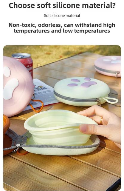 Portable Silicone Double Pet Bowl - Collapsible Travel Dog Feeder for Food & Water - 2 x 450ml Capacity with Zipper Case - Pink
