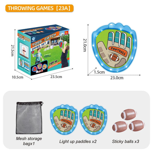 LED Light Up Toss and Catch Game Set - 2 Glowing Blue Paddles & 3 Sticky Rugby - Fun Outdoor Beach & Camping Toy for Kids & Adults - Includes Mesh Storage Bag.