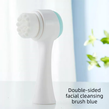 2-in-1 Dual Sided Facial Cleansing Brush Soft Microfiber & Silicone Scrubber Manual Face Washer Exfoliator Tool Blue for Deep Pore Cleaning.
