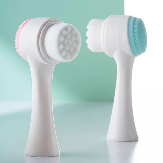 2 PCS Dual Sided Facial Cleansing Brush Set Soft Microfiber & Silicone Scrubber Manual Face Washer Exfoliator Tool Blue & Pink for Deep Pore Cleaning.