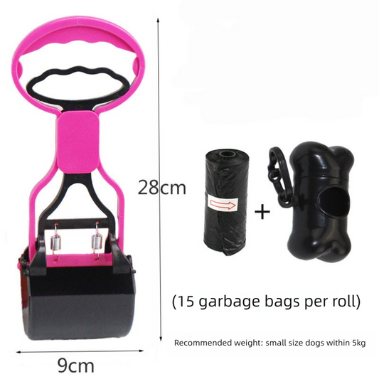 Portable Pet Pooper Scooper 28cm Handheld Dog Waste Jaw Claw Picker with Bone Dispenser & Waste Bags Pink.