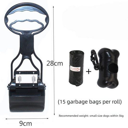 Portable Pet Pooper Scooper 28cm Handheld Dog Waste Jaw Claw Picker with Bone Dispenser & Waste Bags Black.