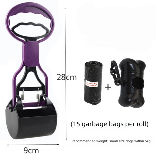 Portable Pet Pooper Scooper 28cm Handheld Dog Waste Jaw Claw Picker with Bone Dispenser & Waste Bags Purple.